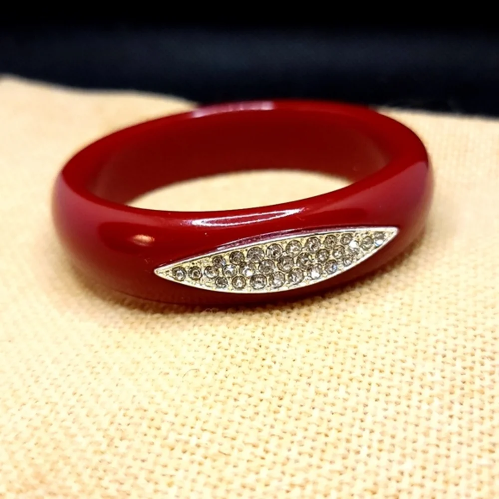 Red Lucite Pave Accent Bangle Bracelet Rouge Red Bracelet Accent Diamond Pave